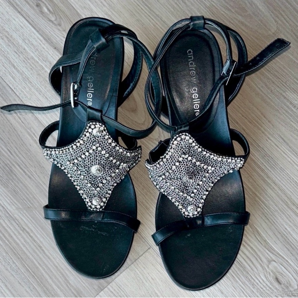 Andrew Geller Anderson Wedge Sandals 8M Metallic Rhinestone Embellished Glam